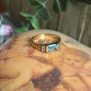 Vintage 10K Gold 1 Carat Natural Emerald Cut Aquamarine and Diamond Pinky Ring